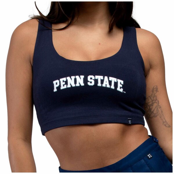 model wearing women's navy scoop neck crop top with screened Penn State